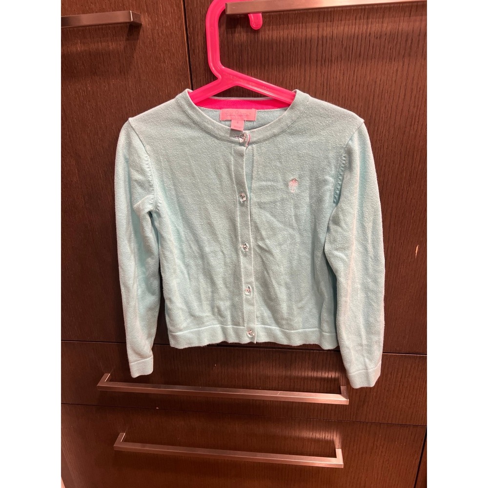 LILLY PULITZER GIRLS SZ 6 CARDIGAN SWEATER TEAL COTTON CLASSIC BUTTON UP CARDY